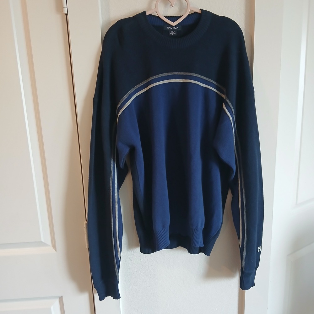 Nautica Mens Blue Colorblock Cotton Crewneck Sweater Large NS 83 Stripe